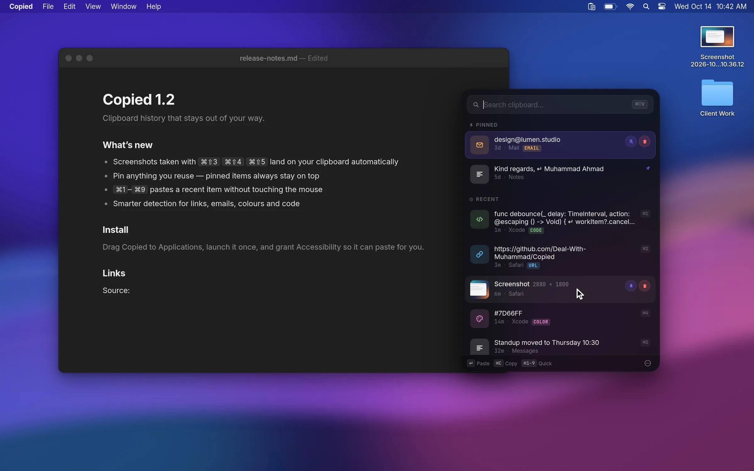 Copied clipboard history panel open on a Mac desktop