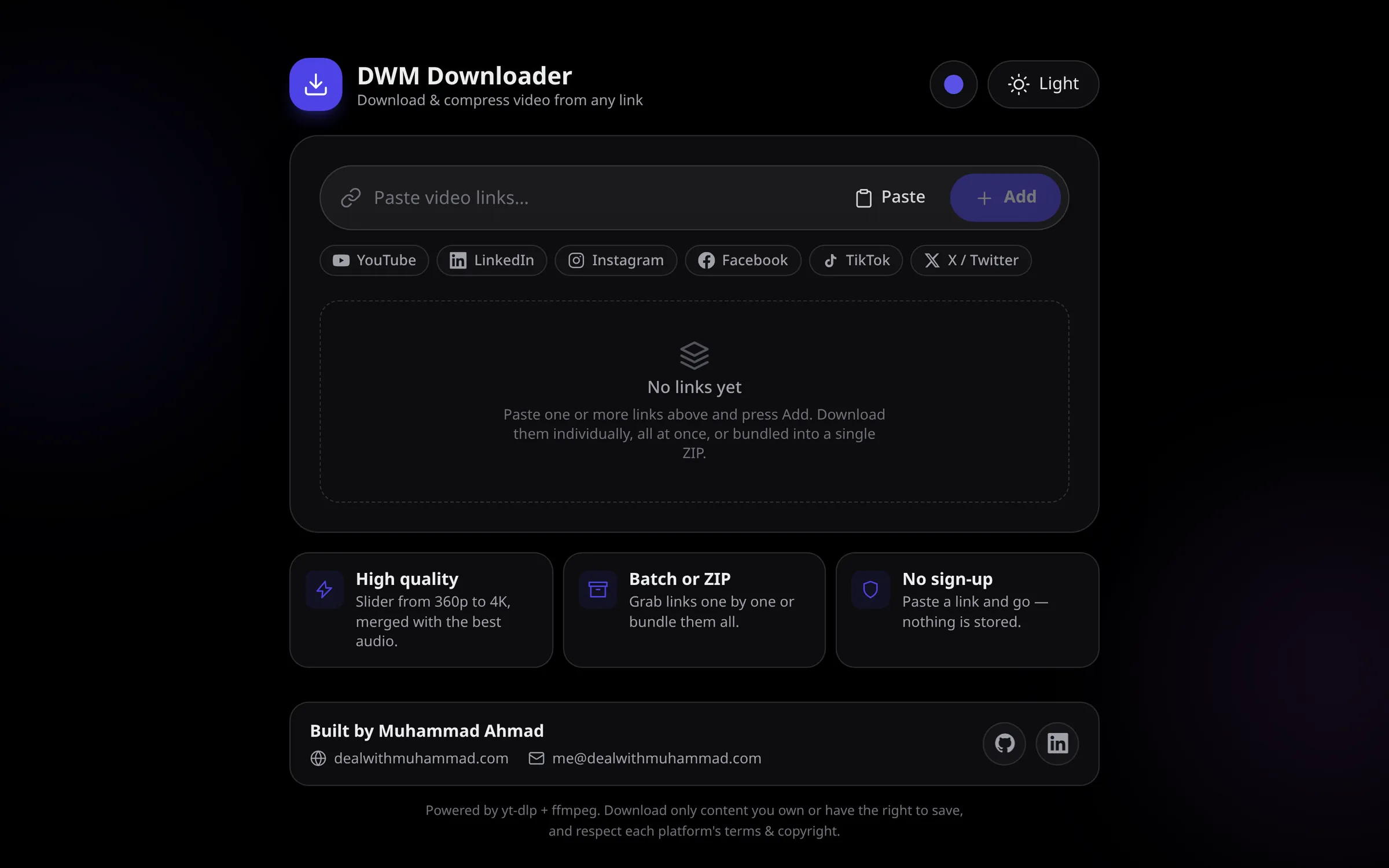 DWM Downloader with a link field and supported platforms