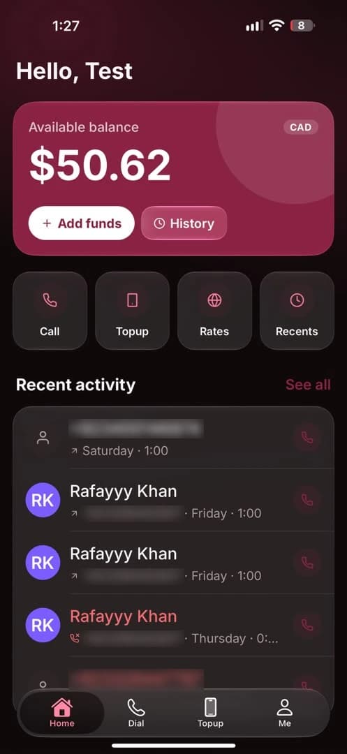 GupShup home screen with a CAD balance, quick actions and recent calls