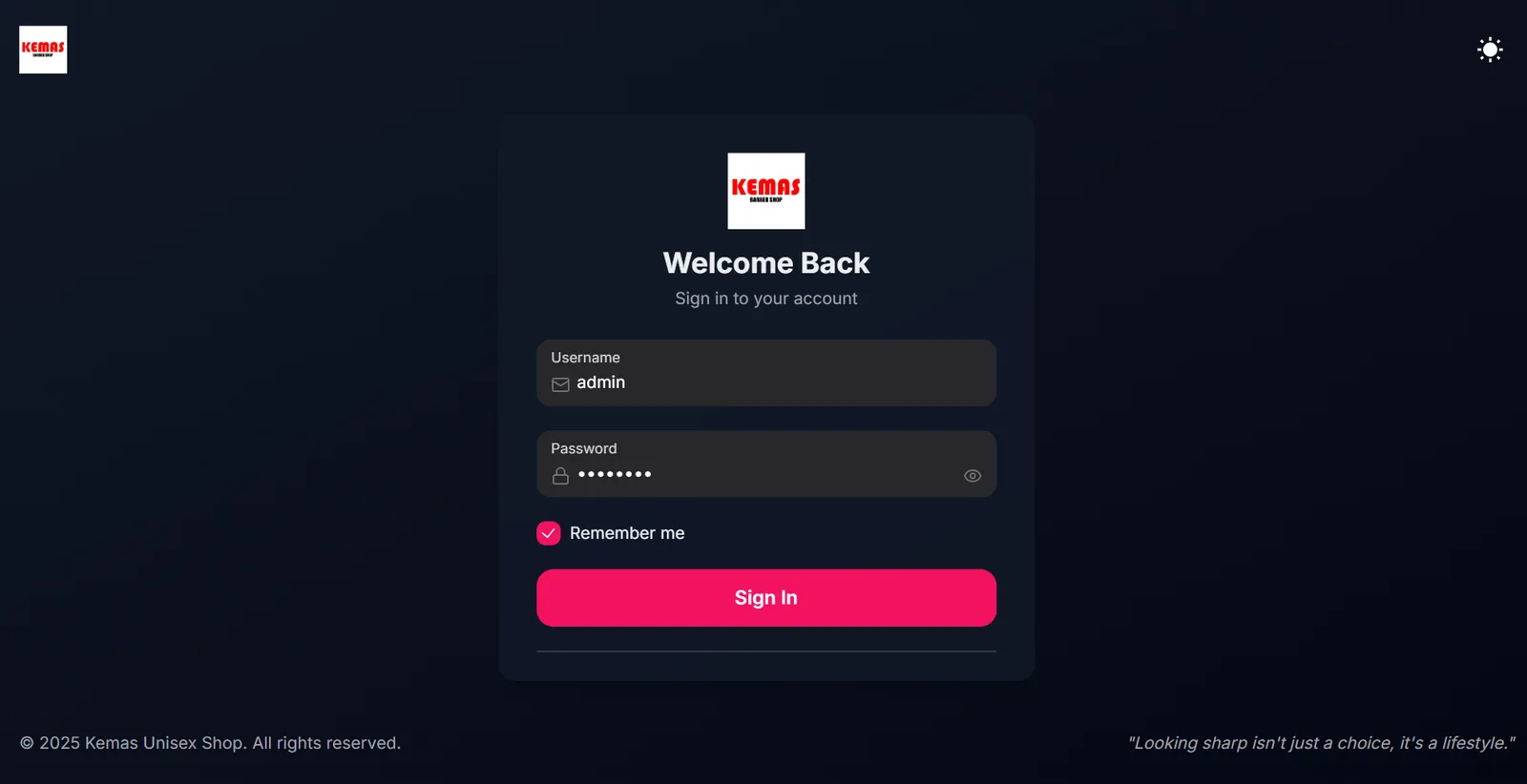 Kemas Unisex sign-in screen