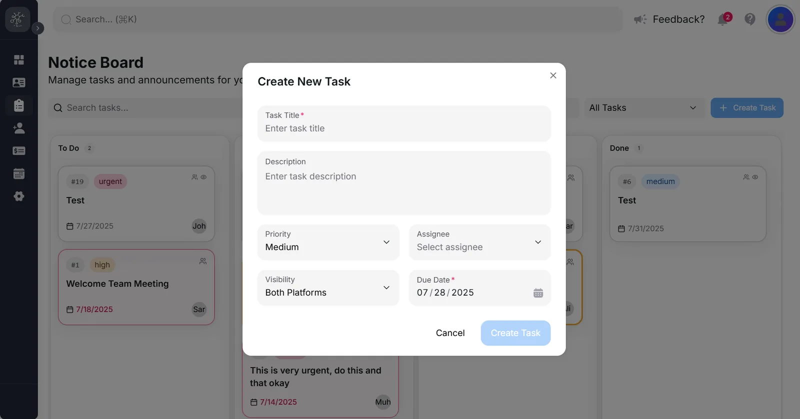 Kopit notice board with task modal